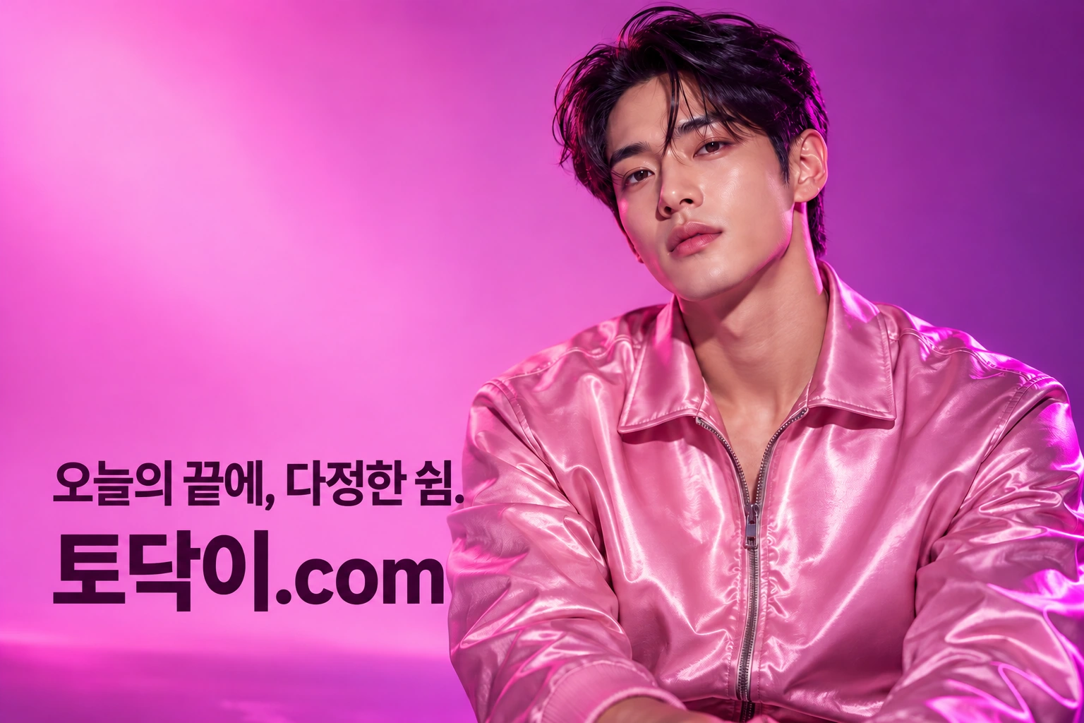 핑크와 퍼플 조명의 20대 한국 남성 브랜드 연출 모델
