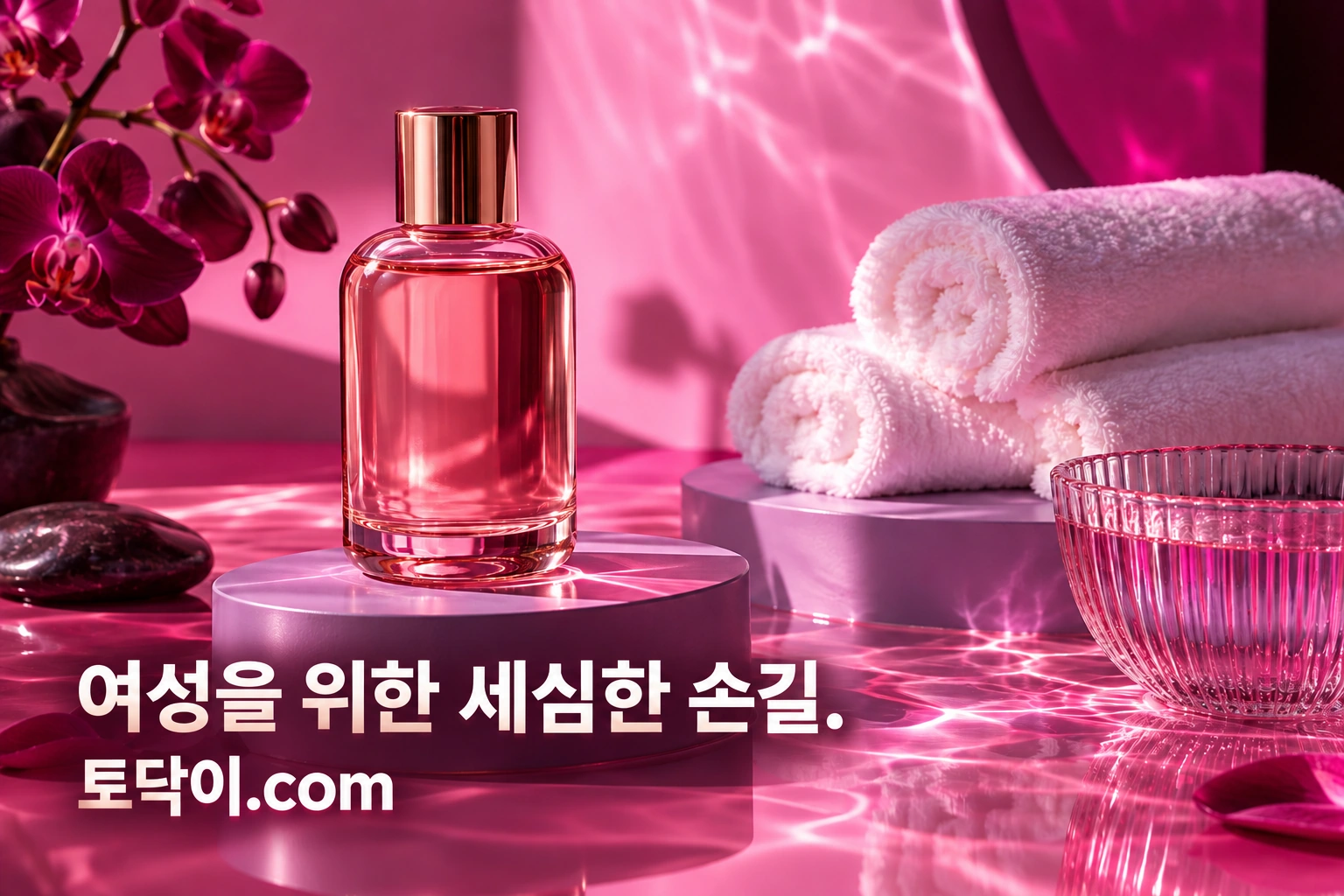 수용성 오일의 분위기를 표현한 핑크 조명 브랜드 연출 정물