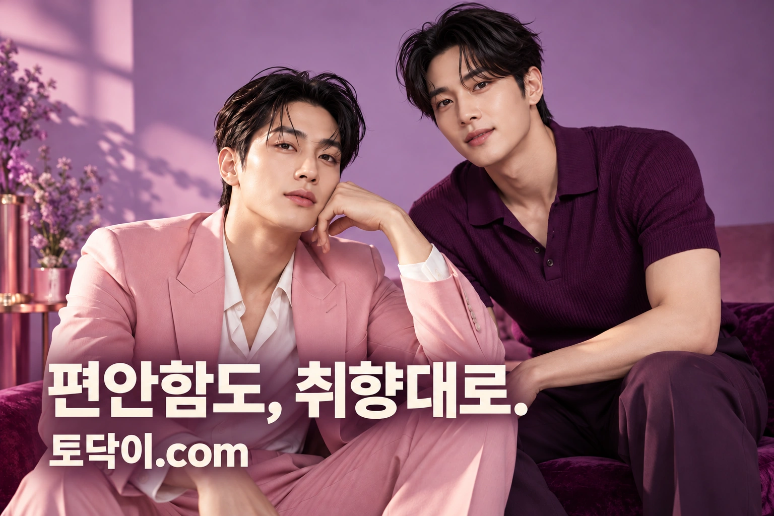 핑크 스튜디오의 성인 한국 남성 두 명 브랜드 연출 모델